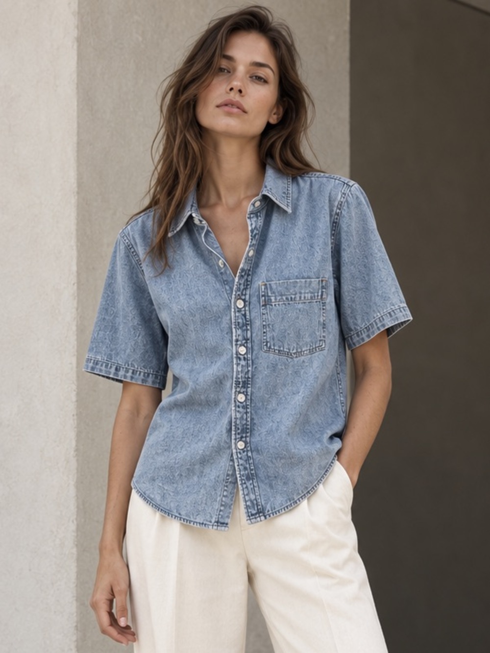ARITZIA Denim Forum 90s Vintage Short Sleeve Denim Shirt Blue Size XS